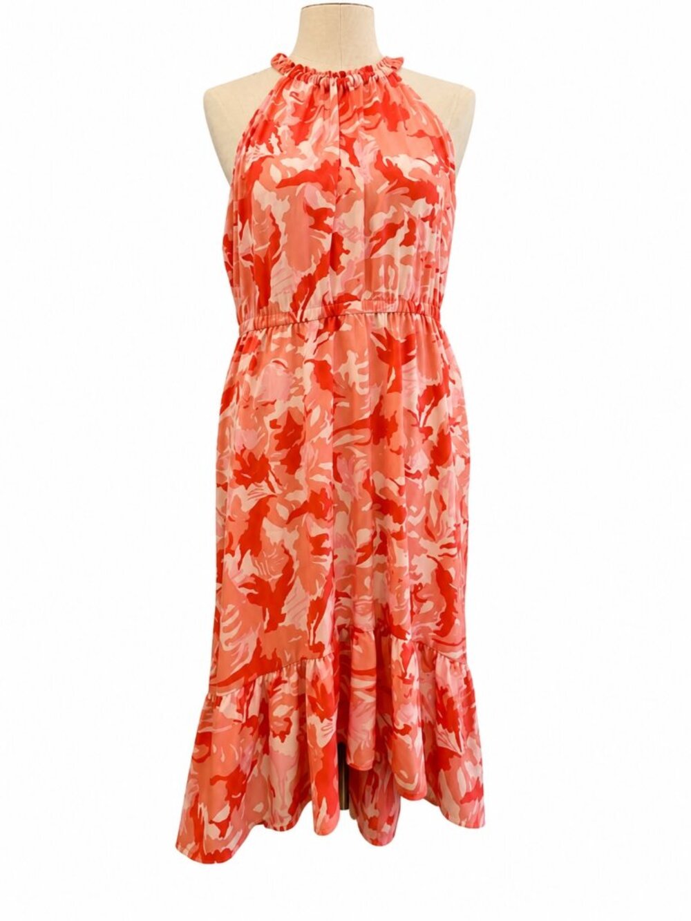 Nine West Coral Tropical Floral Halter Midi Dress XL Tiered Fit Flare Resort - Picture 4 of 5